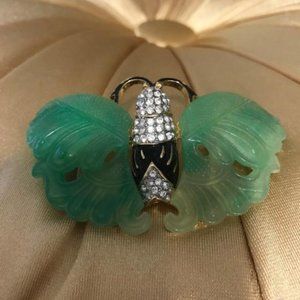 Kenneth J. Lane "Jade" & Crystal Brooch Signed Collectible